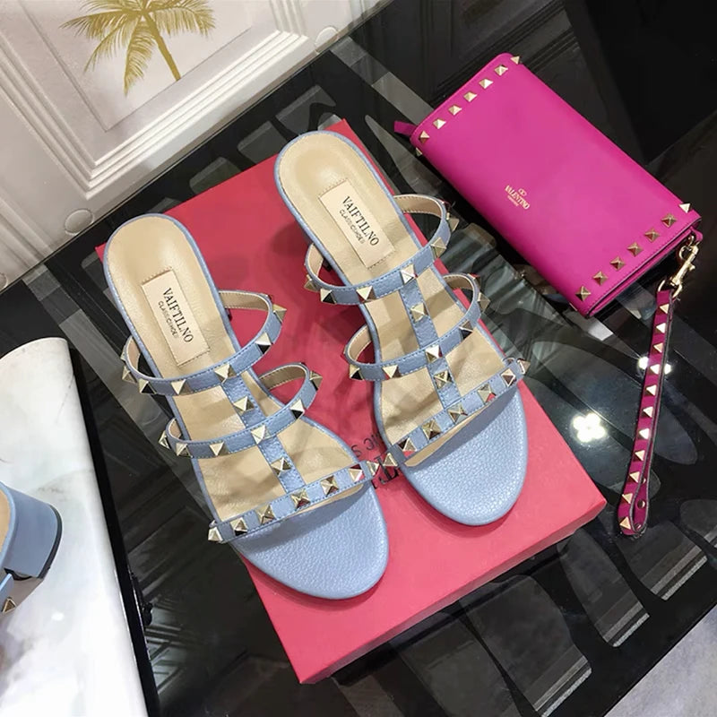 luxury women's shoes Gladiator shoes woman 2024 trend For Women's Sandals Summer Slippers Chunky Heel Leather Rivets High heels