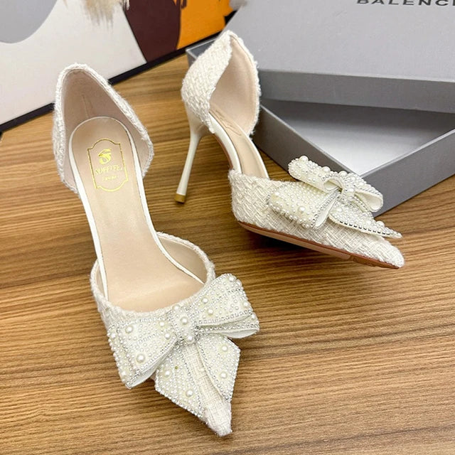 Brand Designer High Heels Pumps Woman Thin Heeled Party Shoes Luxury Pearl Crystal Bowtie White Wedding Shoes Women 2023 Autumn