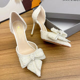 Brand Designer High Heels Pumps Woman Thin Heeled Party Shoes Luxury Pearl Crystal Bowtie White Wedding Shoes Women 2023 Autumn
