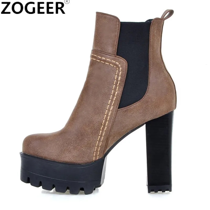 Fashion Ankle Boots for Women Platform Round Toe High Heels Short Boot Female Punk PU Grey Brown Vintage Autumn Winter Shoes