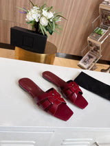Summer Women's Slippers Genuine Leather Square Toe Open Toe Flat Bottom Fashion Party Shoes Plus Size 34-44 Outdoor Beach Shoes