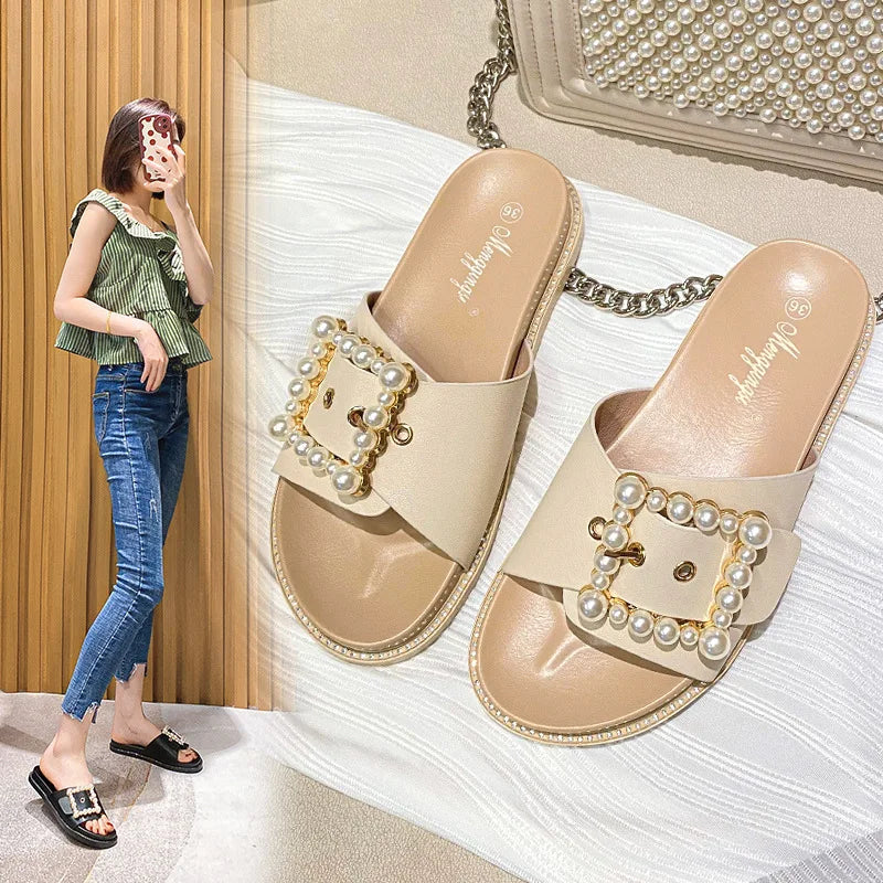 2023 rhinestone crystal buckle slippers women brand design crystal double flip flops female platform slides sandals big size 43