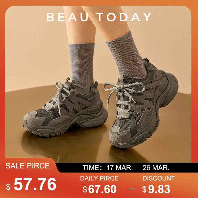 BeauToday Platform Sneakers Women Mesh Solid Color Breathable Trainers Lace-up Round Toe Thick Sole Ladies Shoes Handmade 29462