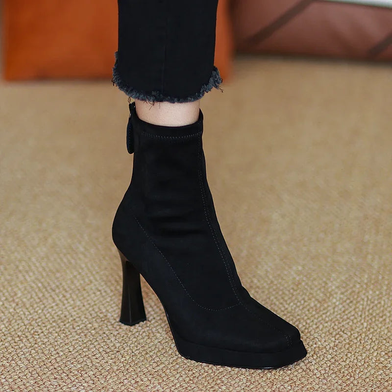 Square High Heel Women Ankle Boots Fashion Zippers Shoes Autumn Winter Square Toe Ladies Dancing Party Prom Shoes