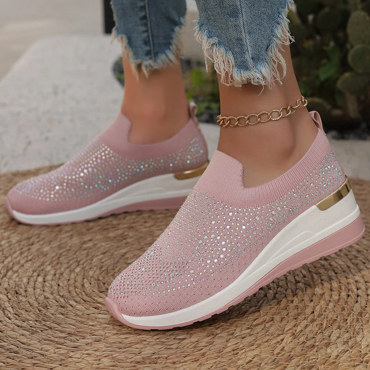 Orange Rhinestone Casual Sneakers Breathable Wedge Women Lightweight Shoes Slip On 2024 New Comfortable Spring Mesh Sports Shoes