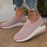 Orange Rhinestone Casual Sneakers Breathable Wedge Women Lightweight Shoes Slip On 2024 New Comfortable Spring Mesh Sports Shoes