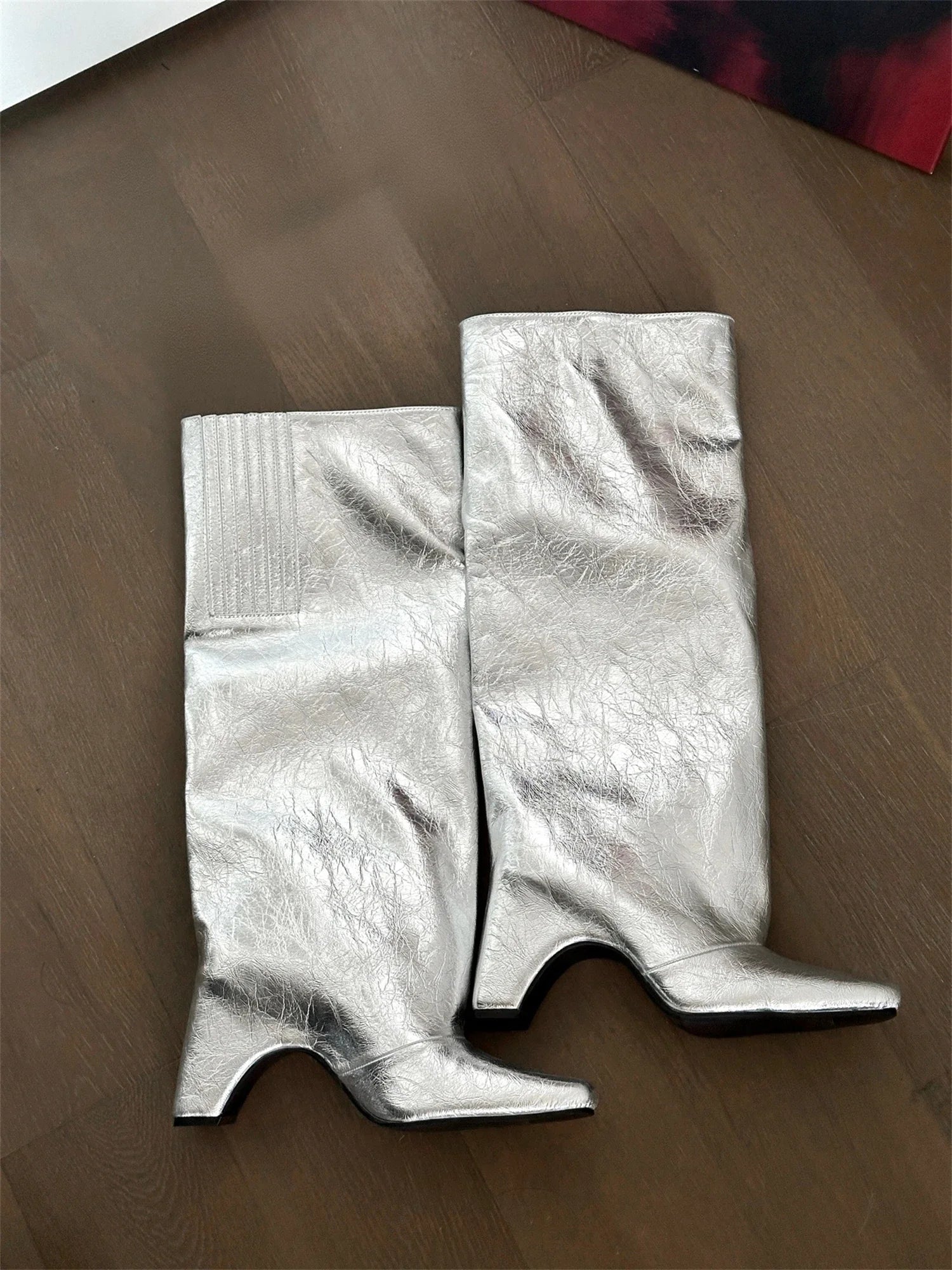 Rubber Bridge Knee High Boots Santiago Black Red White Silver Artificial Leather New Square Toes Fall Luxury Brand Women's Boots