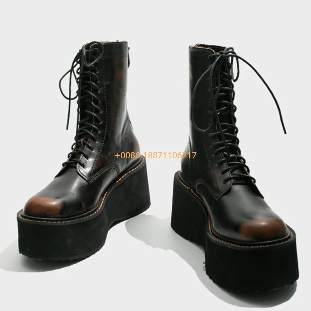 Platform Women's Motorcycle Boots 2024 Autumn New Round Lace-Up Sports Casual Short Boot Fashion Street Style Party Knight Boot