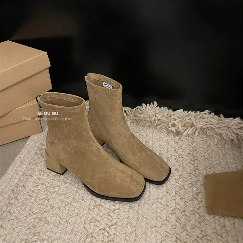 Autumn Winter Fleeces Women Sock Ankle Boots Fashion Square Heel Ladies Elegant Keep Warm Short Booties Women's Footwear