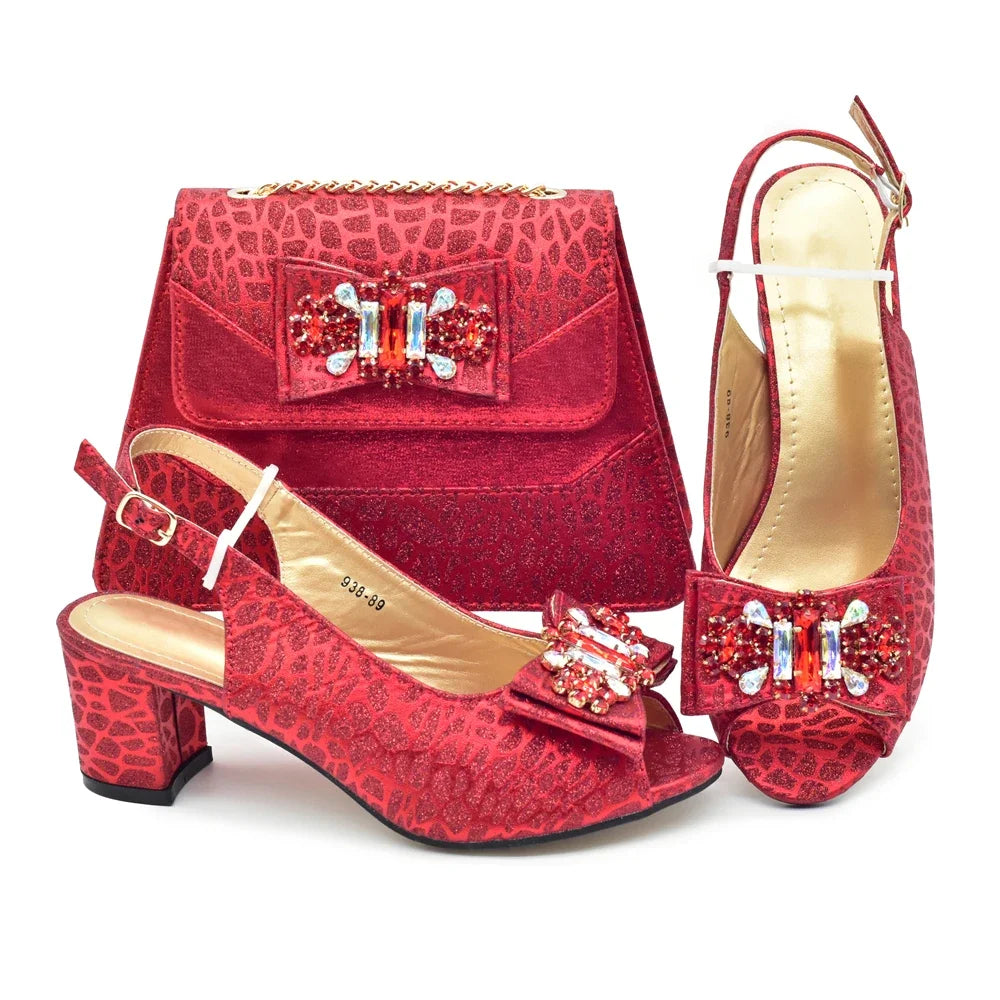 New Design Italian Shoes and Bag for Party 2024 Red Color Rhinestones Elegant Woman Peep Toe High Heels Italy Shoe and Bags Set