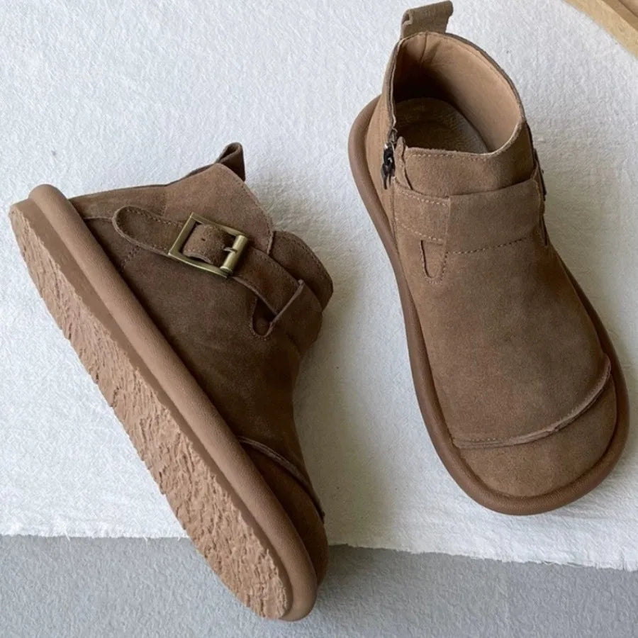 System Cow Suede Women's Boots Retro Cowhide College Leather Shoes for Women Versatile England Single Snow Boots Casual Shoes