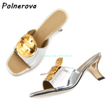 Metal Square Round Slippers Mixed Color Black Red Peep Toe Strange Style Heels Slip On Shoes Summer New Outdoor Runway Shoes