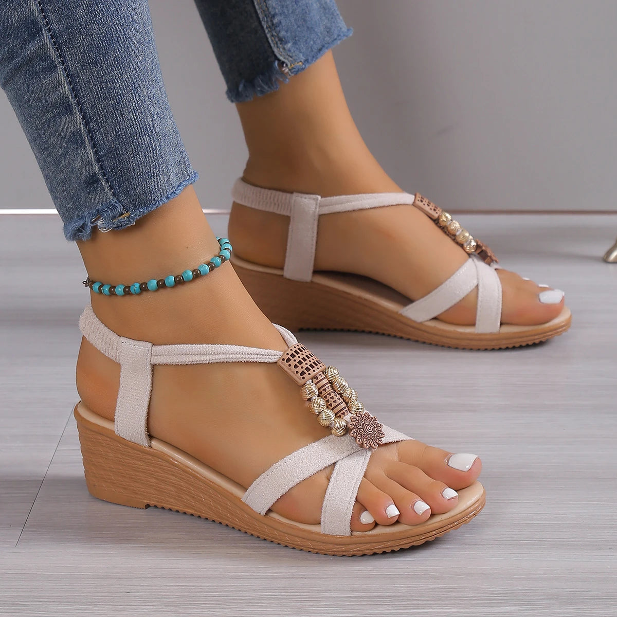 Summer Fashion New Casual Wedge Round Toe Floral Comfortable Solid Color Women's Large Size Sexy Sandals Zapatos De Mujer