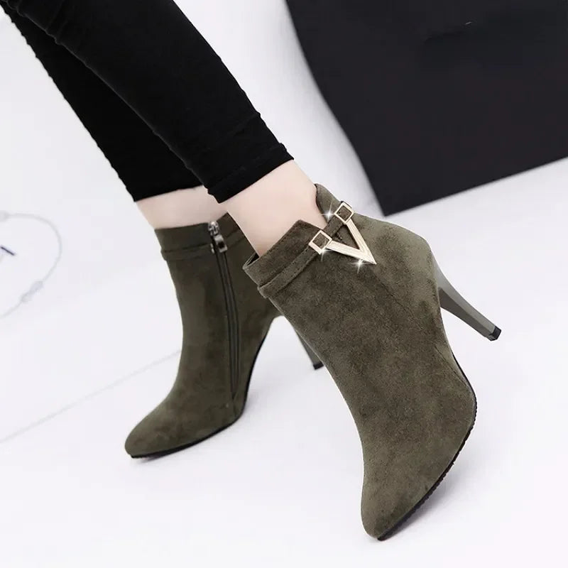 Botas Mujer Invierno  Autumn Stiletto Thin High Heels Woman Pointed Toe Pu Leather Zipper Sexy Ankle Women Boot Botines Chelsea8