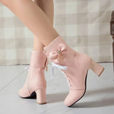winter fashion British style Round head High heels women boots black white Pink sweet Butterfly-knot High heels Women boots