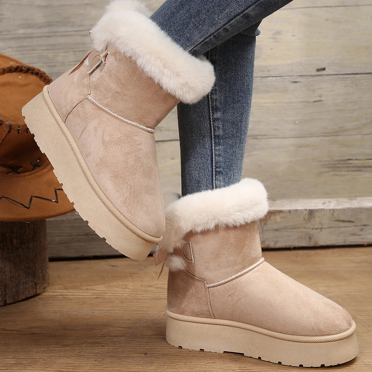Woman's Fur Snow Boots 2024 New Winter Fashions Short Tube Bow Knot Shoes Outdoor Thickened Warm Platform Snow Boots Ankle Boots