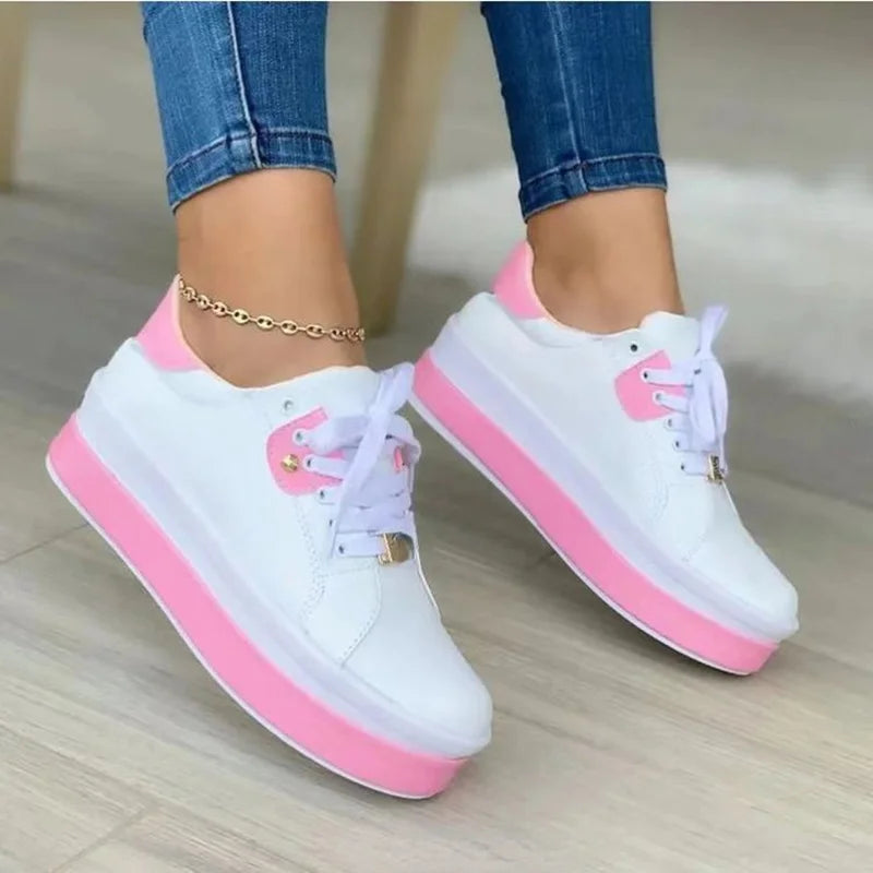 Women's Vulcanized Shoes Sports Shoes 2022 Outdoor Platform Shoes Female Casual PU Fashion Lace-Up Sneakers Women Wedge Flats