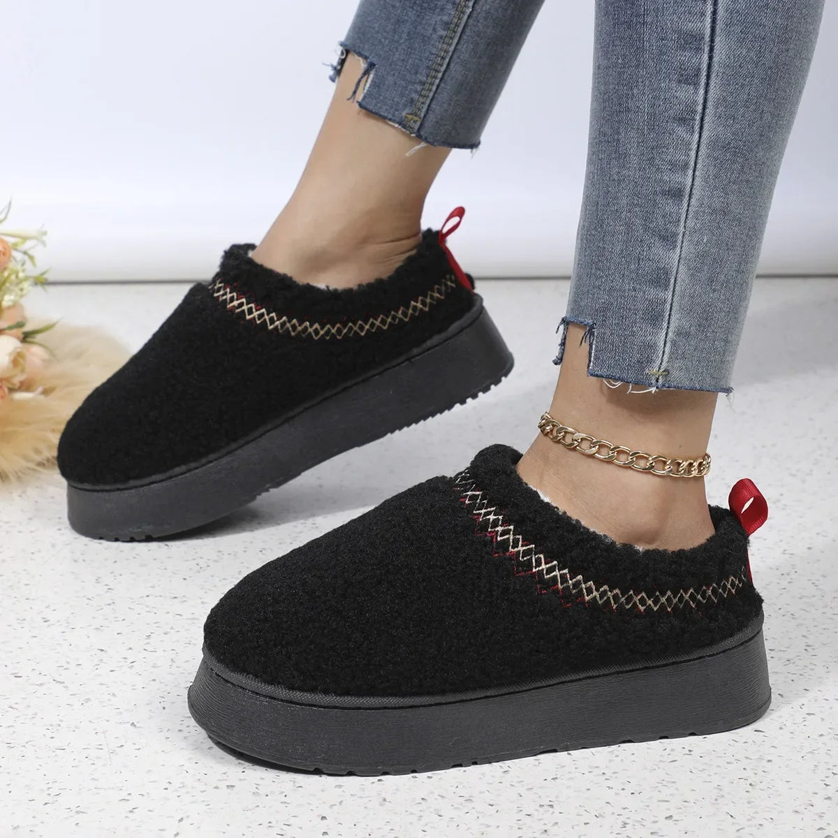 New ethnic style lace hairy half tray foreign trade snow cotton slippers Thick bottom outer wear winter bag head half slippers