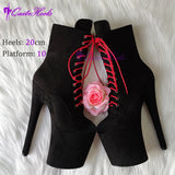 20cm Sexy Black Platform Pole Dance Shoes Stripper Heels Suede Ankle Boots High Heels Laces Round Toe Low Leg