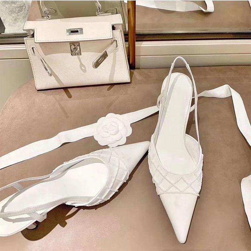 Socialite-style Beaded Quilted Pointed Toe French High Heels Summer New Silk Stiletto Heel Back Strap Sandals