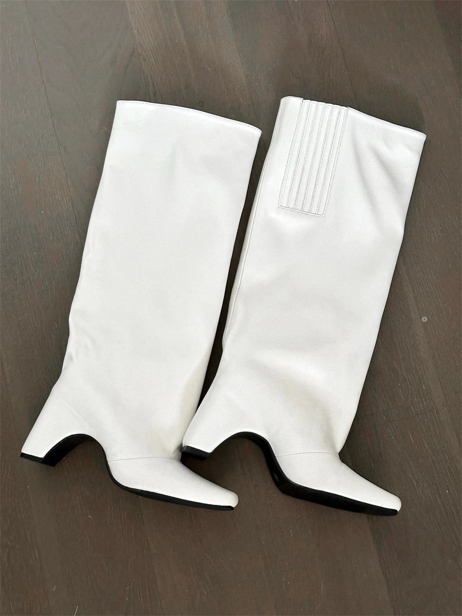 Rubber Bridge Knee High Boots Santiago Black Red White Silver Artificial Leather New Square Toes Fall Luxury Brand Women's Boots