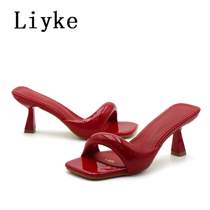 Liyke 2025 New Arrivals Black Silver Square Toe Slippers For Woman Mules Low Thin Heels Designer Slides Shoes Gladiator Sandals