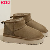 KZZO 2023 Australia Sheepskin Leather Ultra Mini Platform Snow Boots Women Natural Wool Fur Ankle Thick Sole Winter Warm Shoes