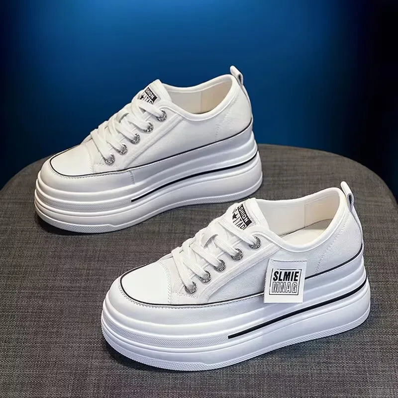 2025 New Woman Platform Sneakers Wedge Shoes Female 8cm Height Increasing Ladies Breathable Cloth Casual Shoes Canvas Shoes
