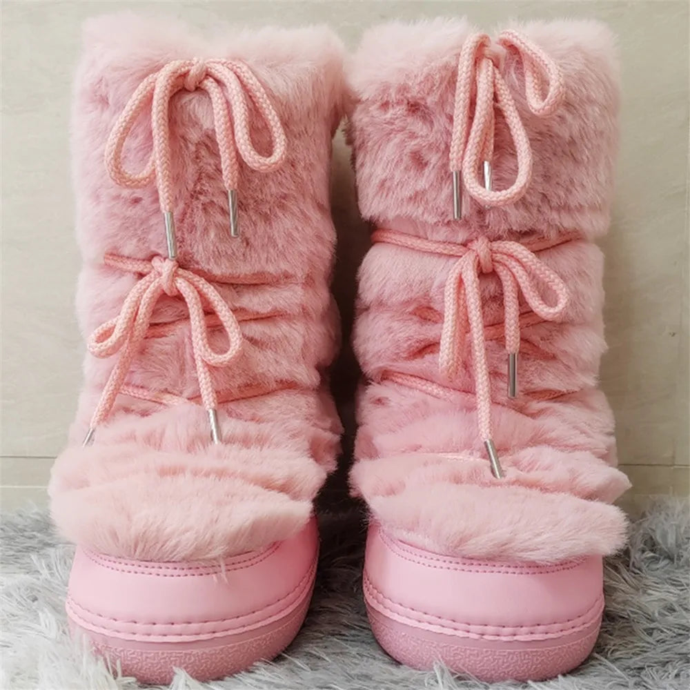 2024 Winter Boots Women Ankle Ski Boots Brand Design Platform Waterproof Lace-up Fur Boots Woman Fluffy Furry Fox Fur Snow Boots