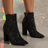 Womens Cowboy Boots Low Heel Ladies Large Size Round Toe Sequins Fine Glitter Casual Chunky Heel Low Ankle Boots Short Boots