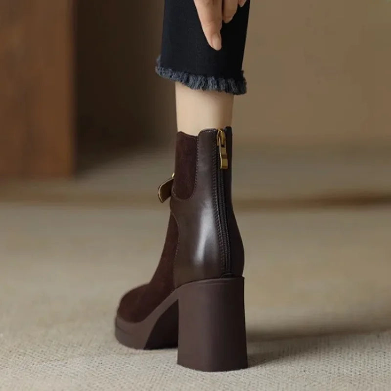 Womens Heeled Ankle Boots Platform Zipper Punk Motorcycle Booties Chunky Block High Heel Round Toe Fashion Combat Boots