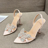Liyke Size 35-41 Sexy Slingback Sandals Women Back Strap High Heels Summer Fashion Crystal Diamond Pointed Toe Wedding Prom Shoe