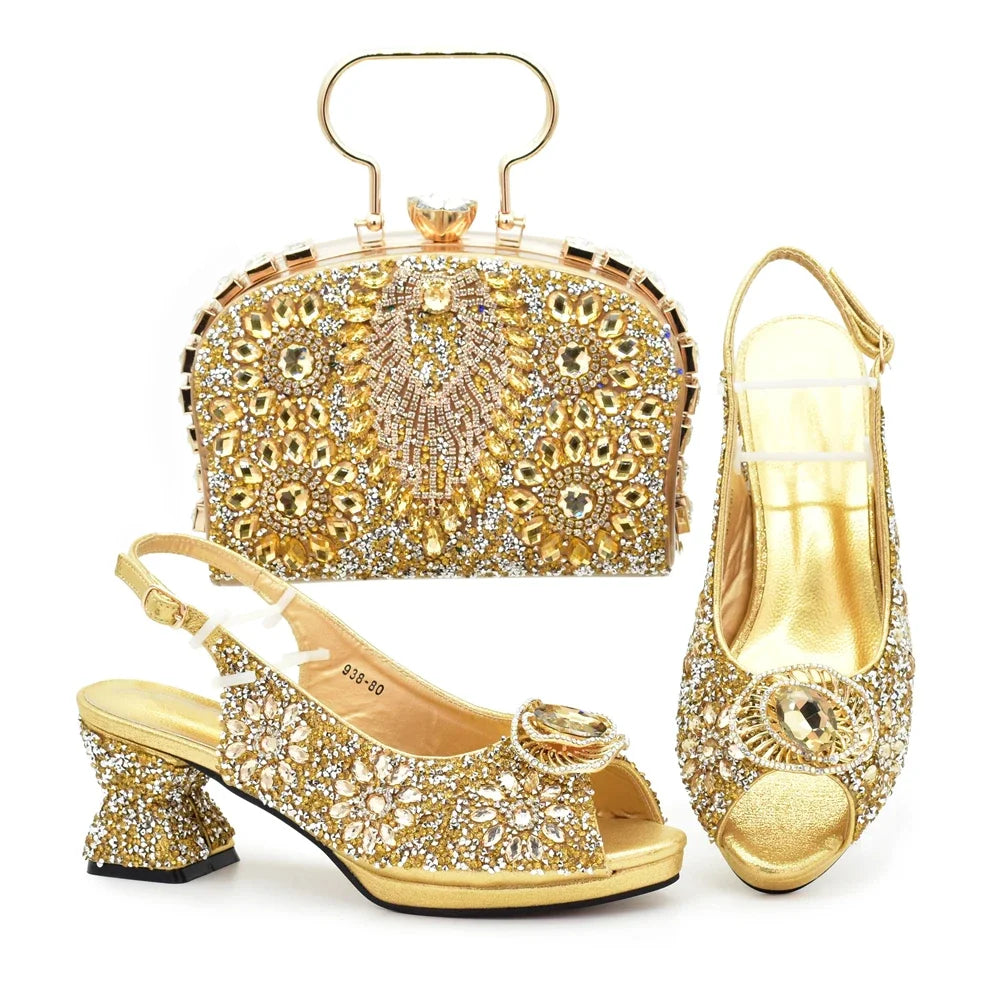 Italian Shoes and Bags Matching Set with Rhinestone Nigerian Women Shoes and Bag Set with Appliques Full Crystal for Dress
