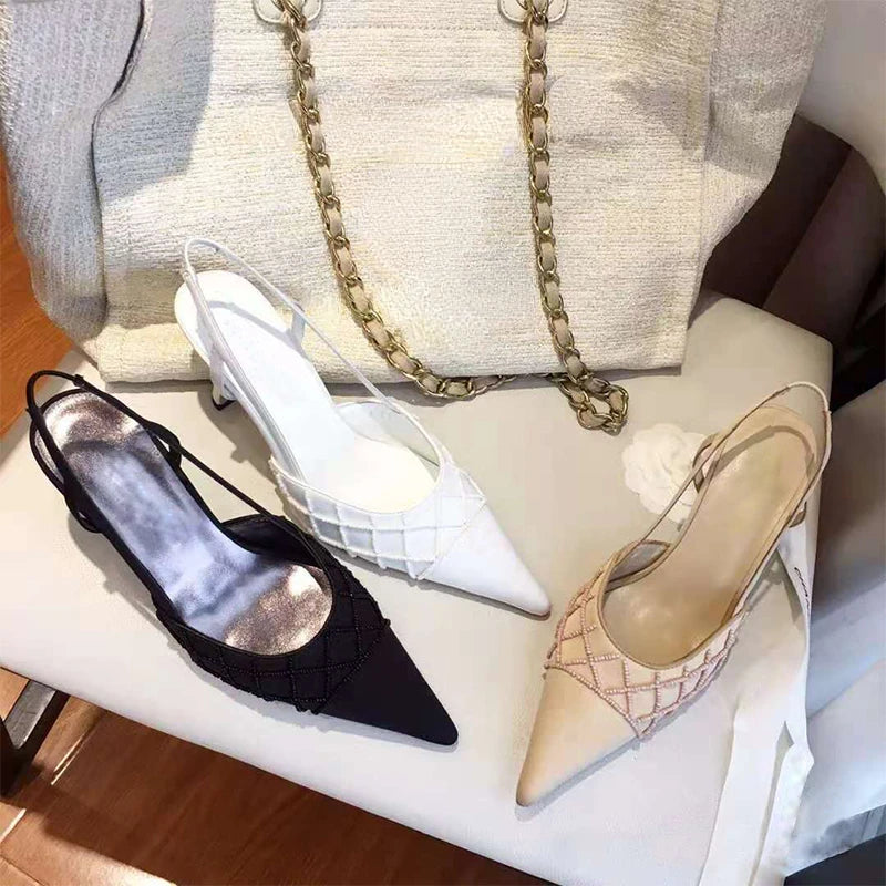 Socialite-style Beaded Quilted Pointed Toe French High Heels Summer New Silk Stiletto Heel Back Strap Sandals