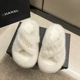 Med Shoes Womens Slippers Outdoor Slides Pantofle Flock Platform Fur Flip Flops 2024 Flat Plush Autumn Fabric Rome Shoes House S