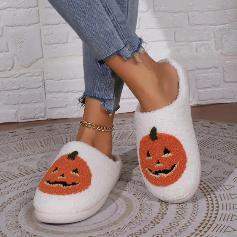 Cotton Fluffy Slippers Home Cartoon Pumpkin Platform Plush Slides Couple 2025 Funny Halloween Casual Designer Shoes Women Indoor