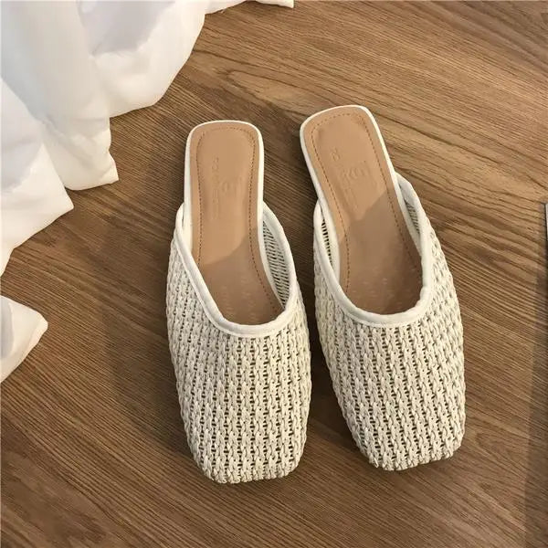 Fretwork Heels Shoes Ladies' Slippers Luxury Slides Cover Toe Slipers Women Female Mule Flat Summer Designer Soft 2024 Mules Cas