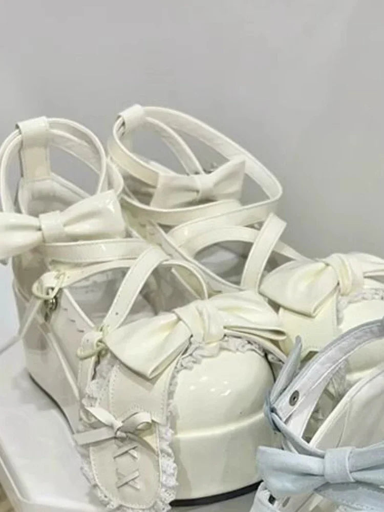 Summer Lovely Bow Strap Lolita Shoes for Women Sweet Bowtie Platform Mary Janes Woman Patent Leather Non-Slip Cute Flats 2024