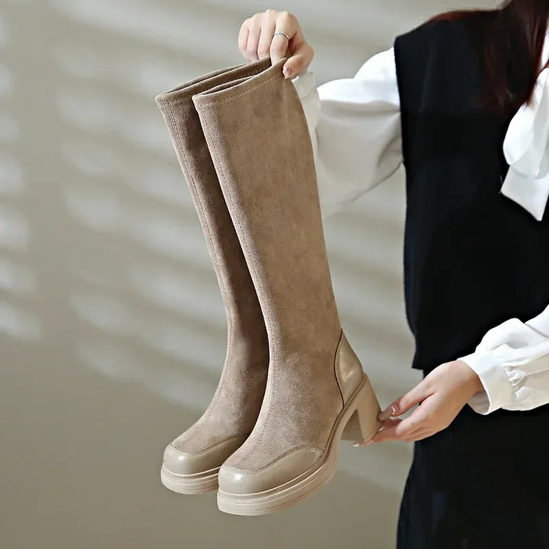 Fashion Knee High Boots Women Chunky Heels Punk Long Boots Patchwork Ladies Shoes Thick Bottom Platform Botas 2024