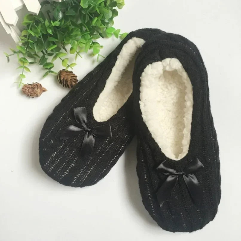 Home Slipper Womens Winter Room Plush Warm Thick Faux Fur Non Slip Bow Knot Grip Funny Indoor Fluffy Floor House Shoes Female