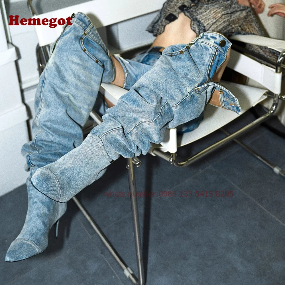 Denim Pants Boots Pointy Toe Pleated Over The Knee Boots for Women Winter 2024 Casual Rivet Pocket Decor Patchwork Luxury Shoes