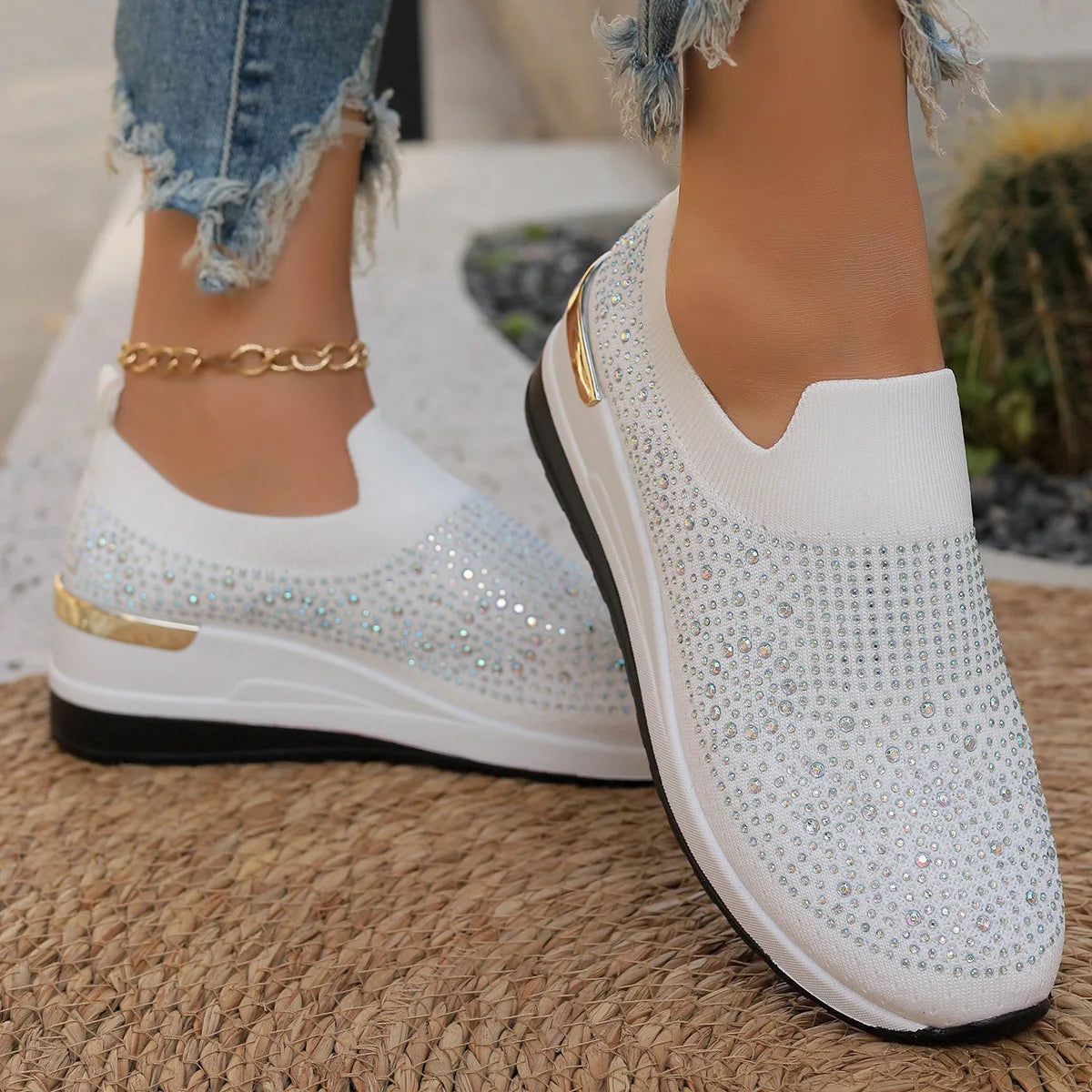 Orange Rhinestone Casual Sneakers Breathable Wedge Women Lightweight Shoes Slip On 2024 New Comfortable Spring Mesh Sports Shoes