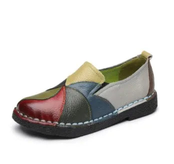 Women's Retro Flats Ethnic Style Mix Colors Round Head Soft-soled Leather Shoes Autumn Plus Size Slip-on Loafers Tenis Feminino