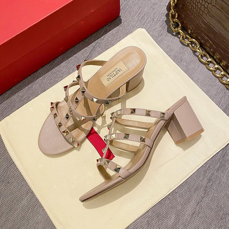 luxury women's shoes Gladiator shoes woman 2024 trend For Women's Sandals Summer Slippers Chunky Heel Leather Rivets High heels