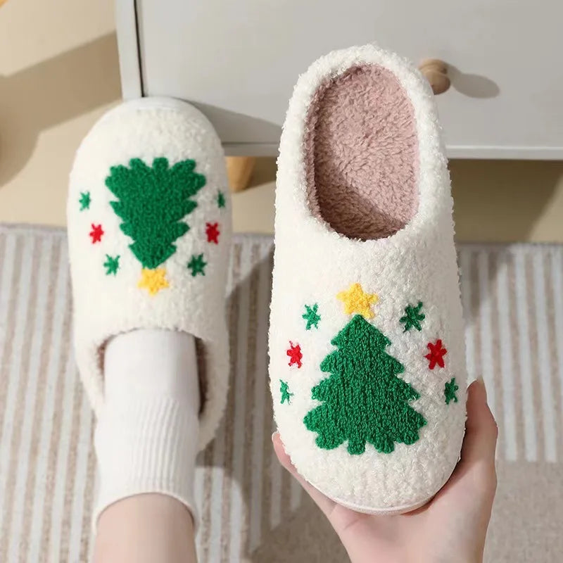 Women Christmas Tree Slippers Men Retro Slippers Winter Warm Plush House Fluffy Living Room Shoes Female Christmas Gifts