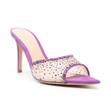 Fashionable Versatile High Heel Slippers Pointed Toe Rhinestone Decorated One-piece Strap Sandals Casual Elegant Ladies Shoes