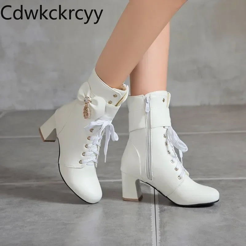 winter fashion British style Round head High heels women boots black white Pink sweet Butterfly-knot High heels Women boots