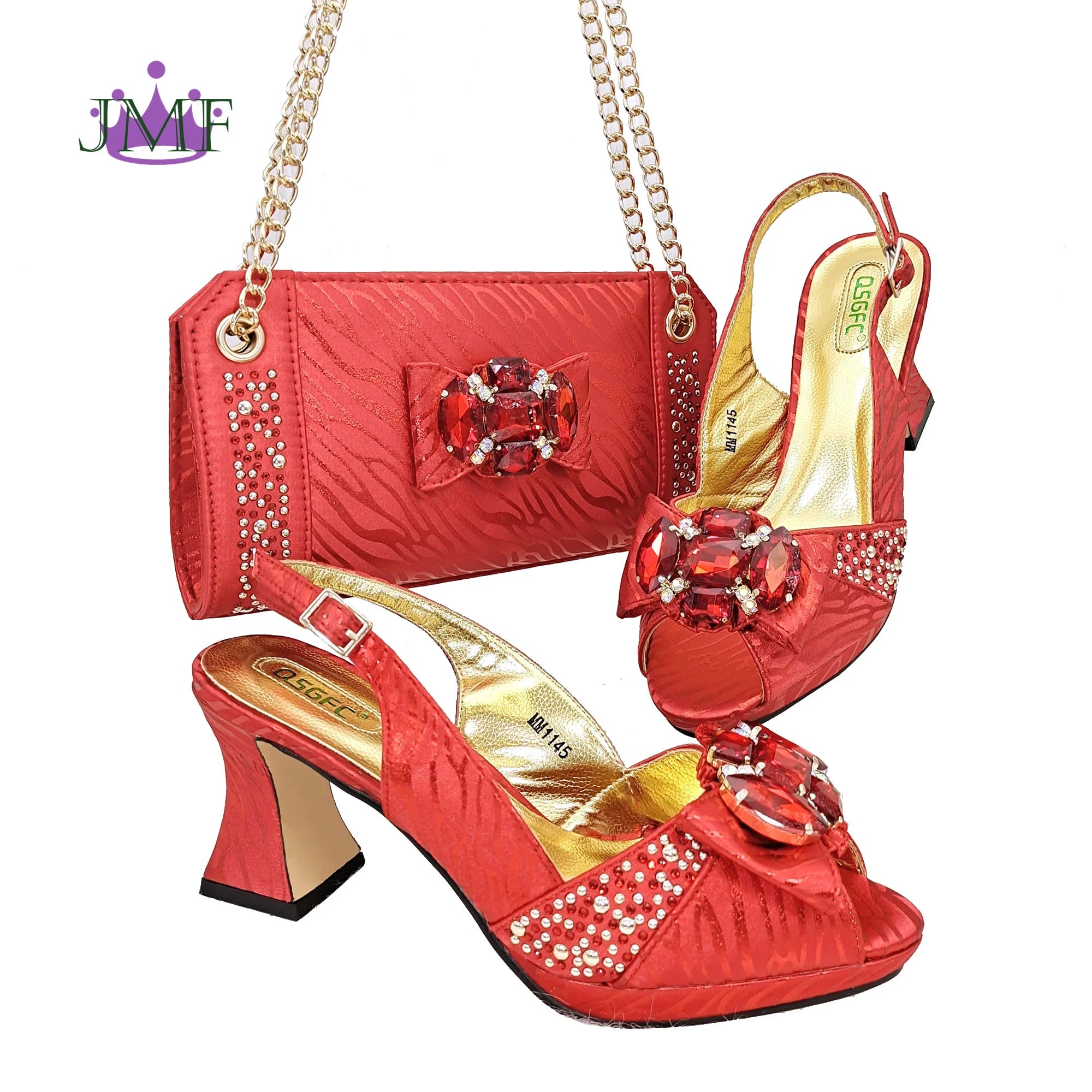 JMF Red Color Elegant lady Fashion Peep Toe Shoes Bride Comfortable Party Ladies Shoes and Bag Set  for women