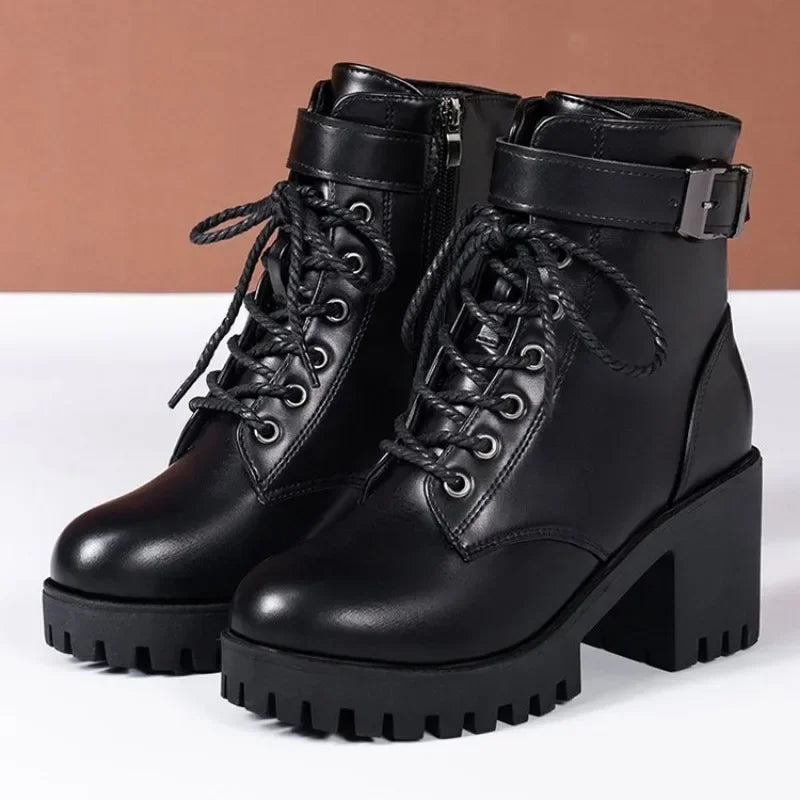 Women's Boots 2024 New Lace Up Boots for Women Fashion Knight Boots Women Round Head Chunky Heel Female