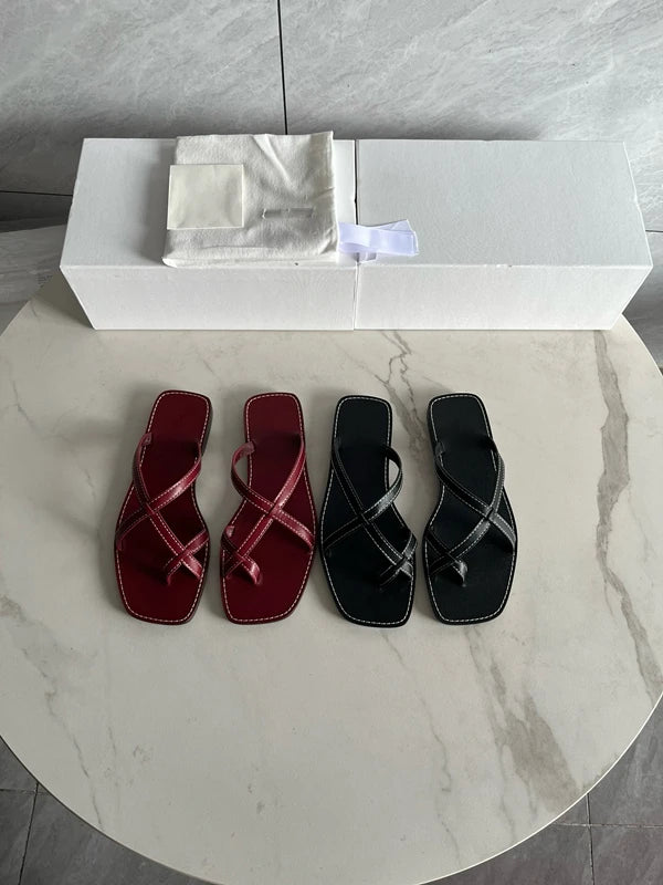 Withered Nordic Minimalist Cowhide Burgundy Slippers Women Clip Feet Flat Bottomed Sandals Fashion Elegant Cool Summer Shoes